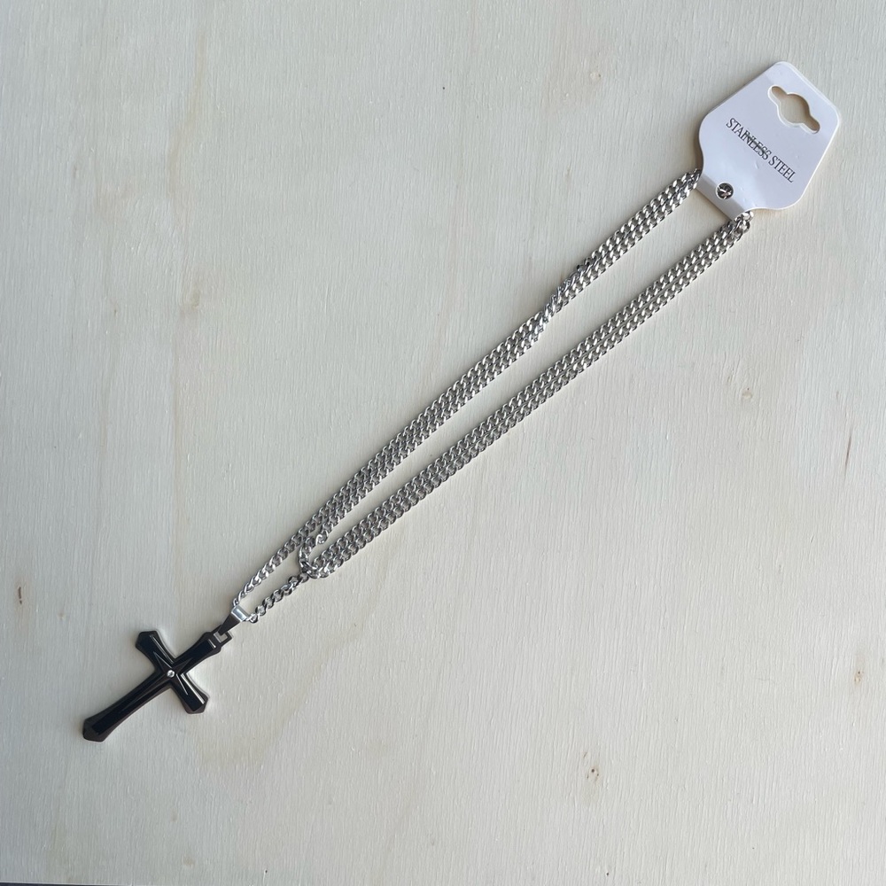 Stainless Steel Layered Cross Necklace - Black & Silver - 28.5 inches - $25